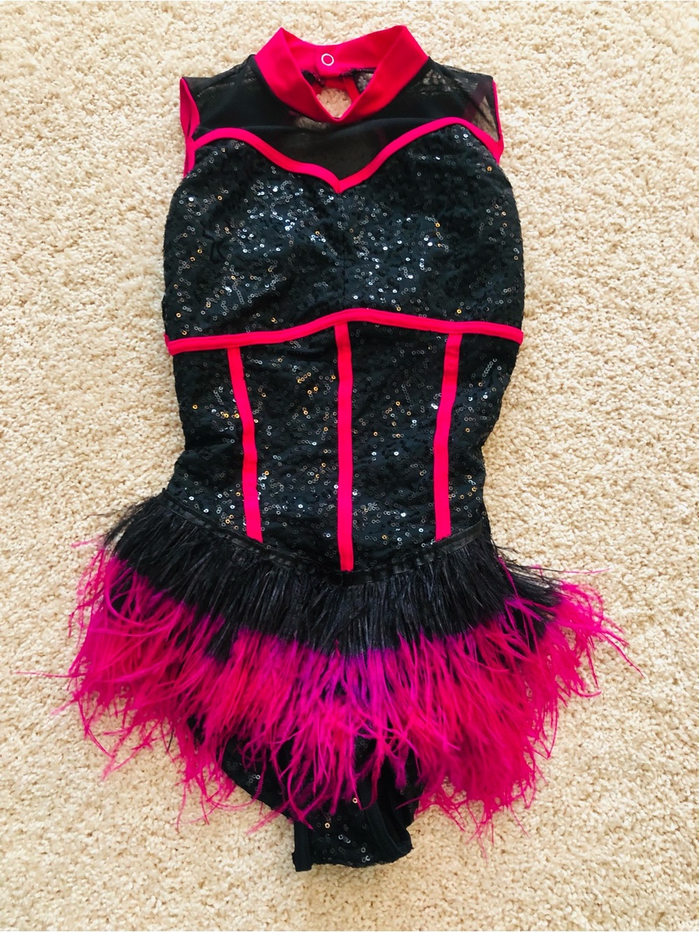 Weissman Black and Hot Pink Sequin Dance Leotard with Feather Skirt